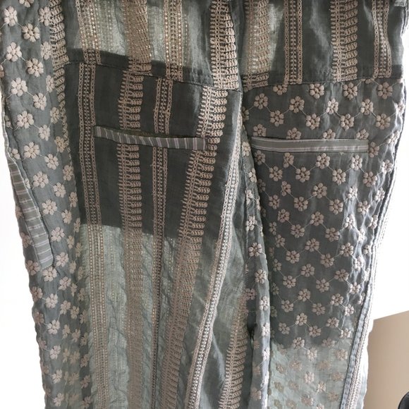 NWOT Zara Embroidered Pants Eyelet Patchwork Blue Seafoam Floral Gauze HiRise XS - Picture 12 of 13